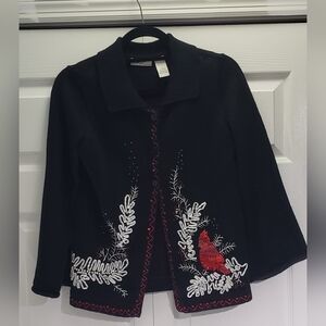 Kim Rogers Embroidered Black Cardigan with Red Cardinal and White Accents Size S
